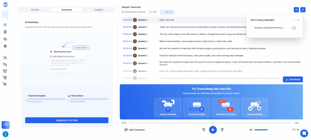 Transkriptor – Multilingual AI with Summaries & Insights