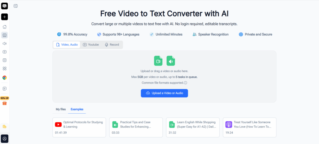 Video Transcriber AI supports zoom recording transcription up to 5GB large file with its video to text converter