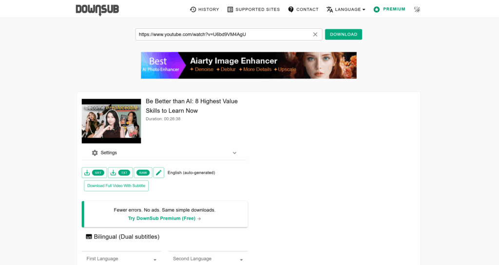 DownSub: Best for Pulling Subtitles From Many Video Platforms